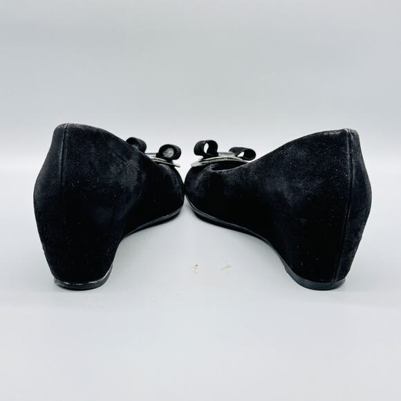 Stuart Weitzman Shoes Womens 8.5 Black Suede Wedge Bow Slip On Made Spain - Picture 6 of 10